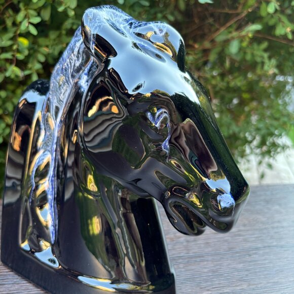 BMP Vintage Horse Bookend by Blue Mountain Pottery Black Ceramic Drip Glaze - Picture 11 of 14